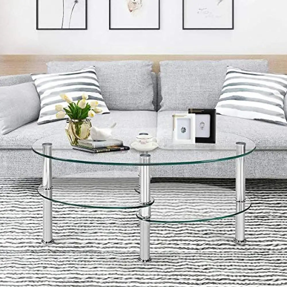 Tempered Glass Oval Coffee Table – 3-Tier Steel Frame with Open Storage Shelf, Modern Side Table for Home Décor