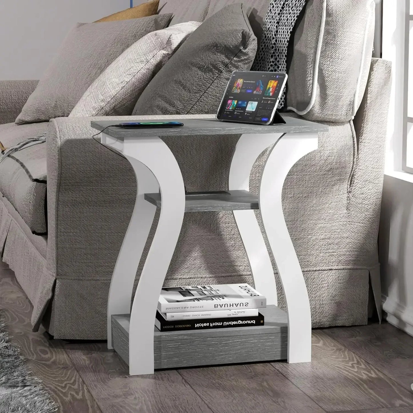 Set of 2 Modern End Tables with USB Ports & Outlets – 3-Tier Nightstands with Storage Shelves and Charging Station