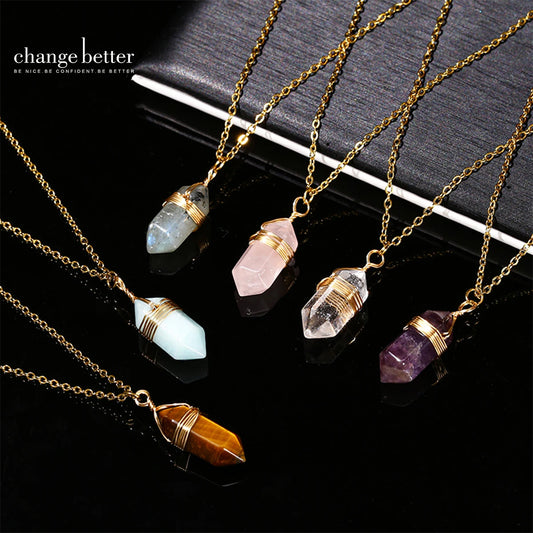 Natural Pink Hexagonal Quartz Crystal Pendant Necklace – Vintage Bullet Stone Jewelry for Women