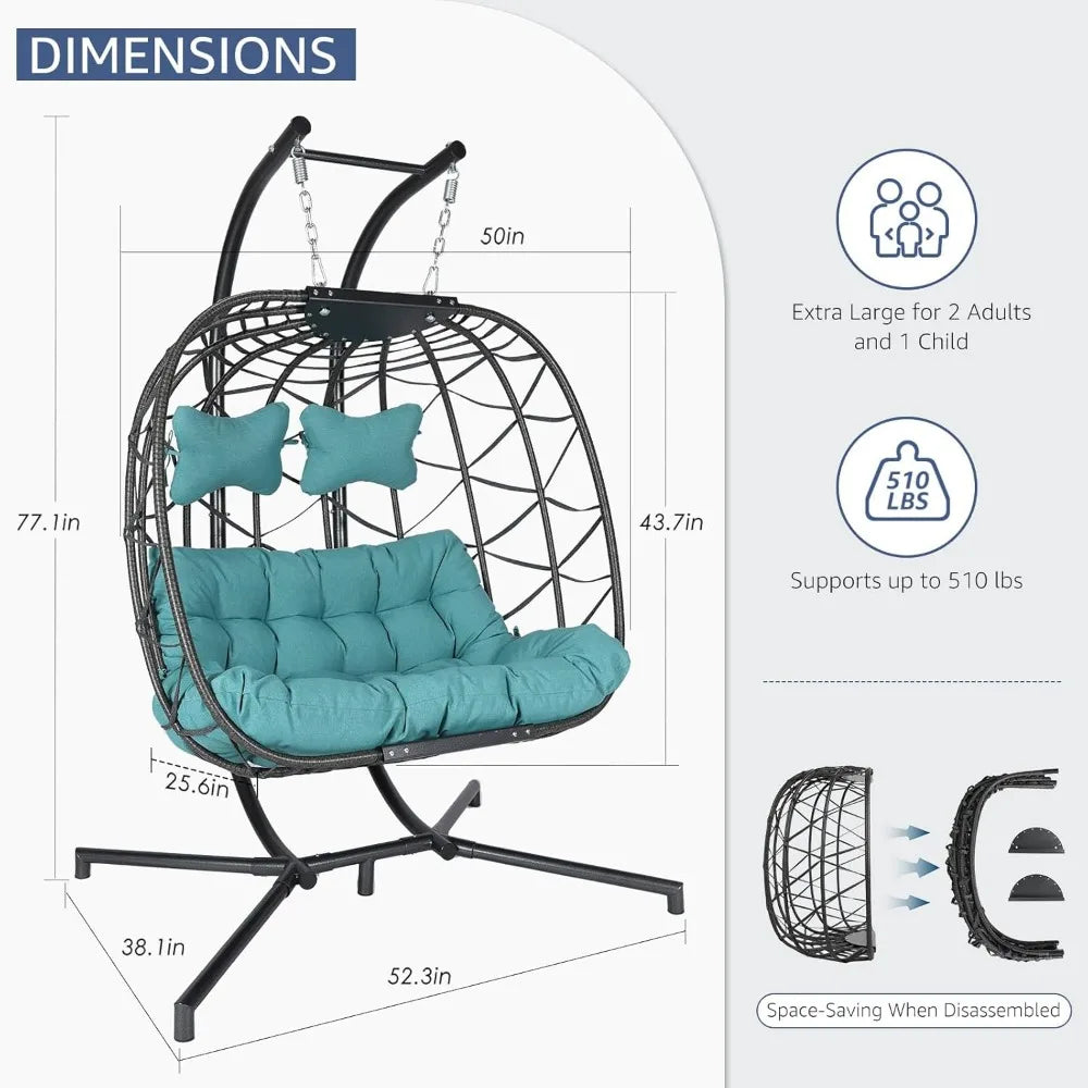 Double Swing Egg Chair with Stand – 2-Person Rattan Loveseat for Outdoor/Indoor Patio or Bedroom (Gray & Turquoise)