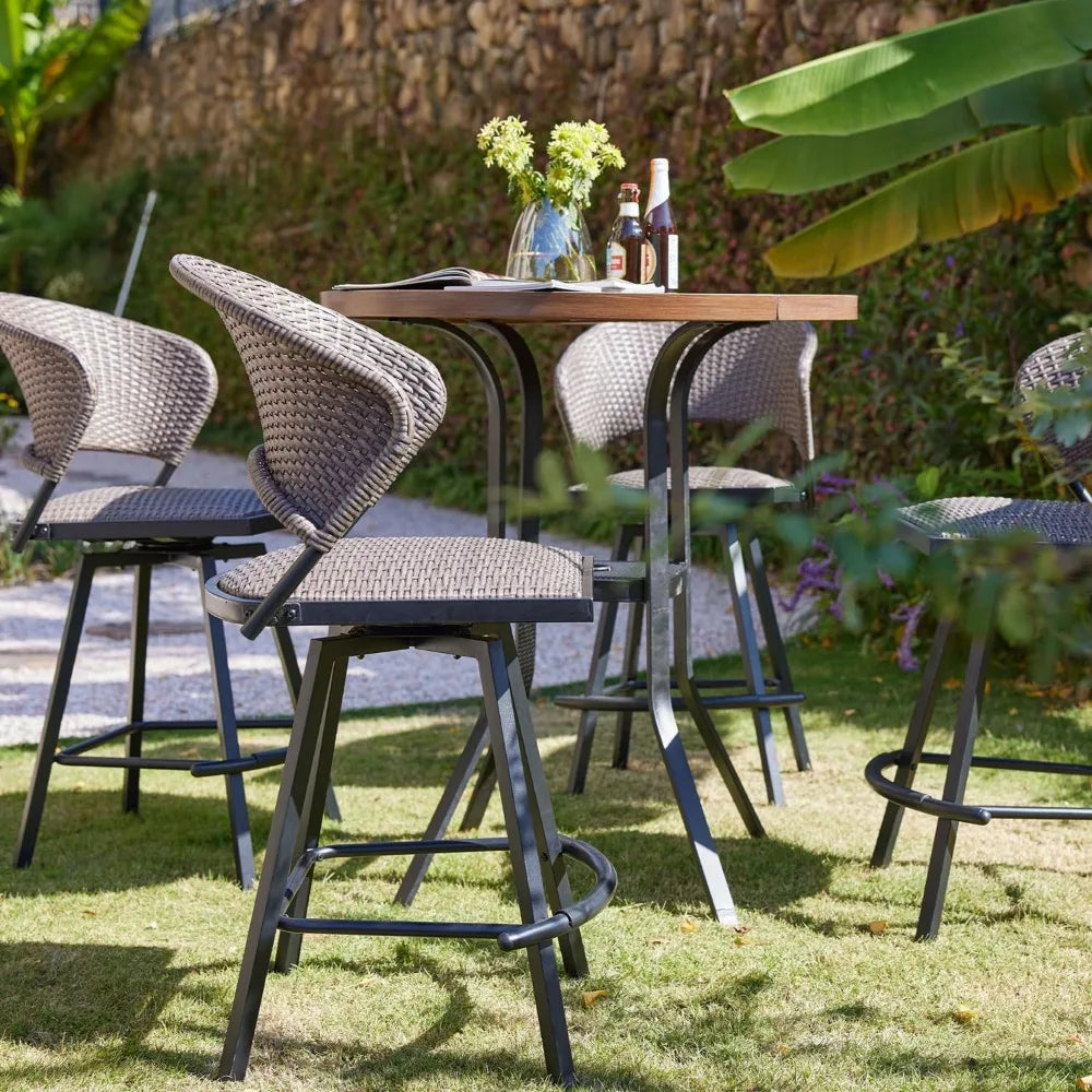 5-Piece Outdoor Patio Bar Set – 35.5" Bar-Height Metal Table with 4 Swivel Wicker Bar Stools for Garden & Backyard