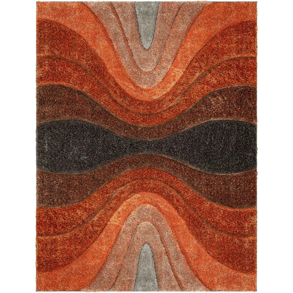 3D Textured Shag Area Rug – Thick Plush Geometric Hourglass Waves in Orange & Grey, Soft Modern Carpet