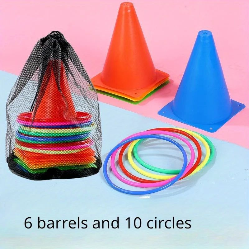 Multicolor Cone and Ring Toss Game Set for Kids – Outdoor Floor Ring Toss Sports Game with Logo Barrels, Sensory Motor Skills Trainer