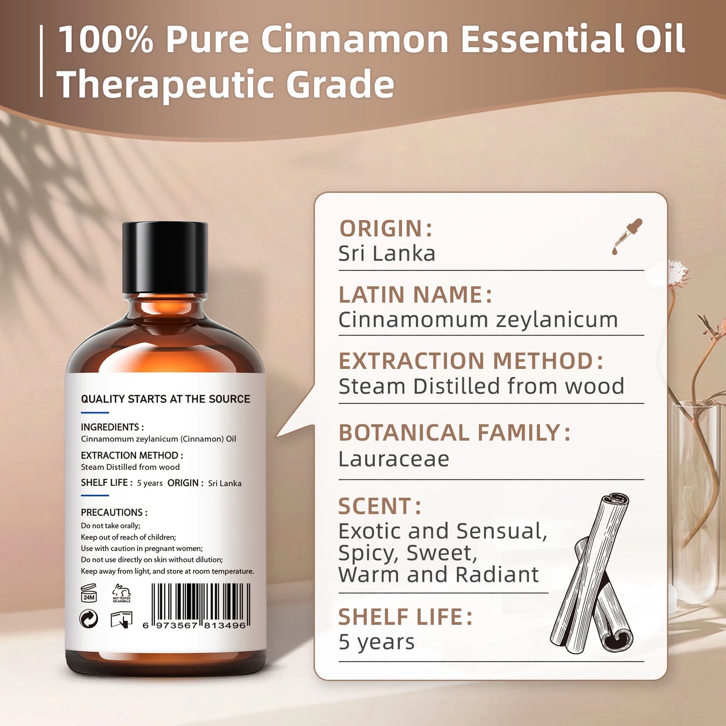 100ml Pure Cinnamon Bark Essential Oil - Natural Aromatherapy for Diffusers, Humidifiers, Massage, and Stress Relief