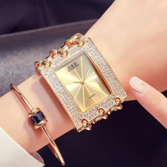 G&D Women's Fashion Bracelet Watch – Golden Quartz Wristwatch with Rhinestone Chains & Large Dial
