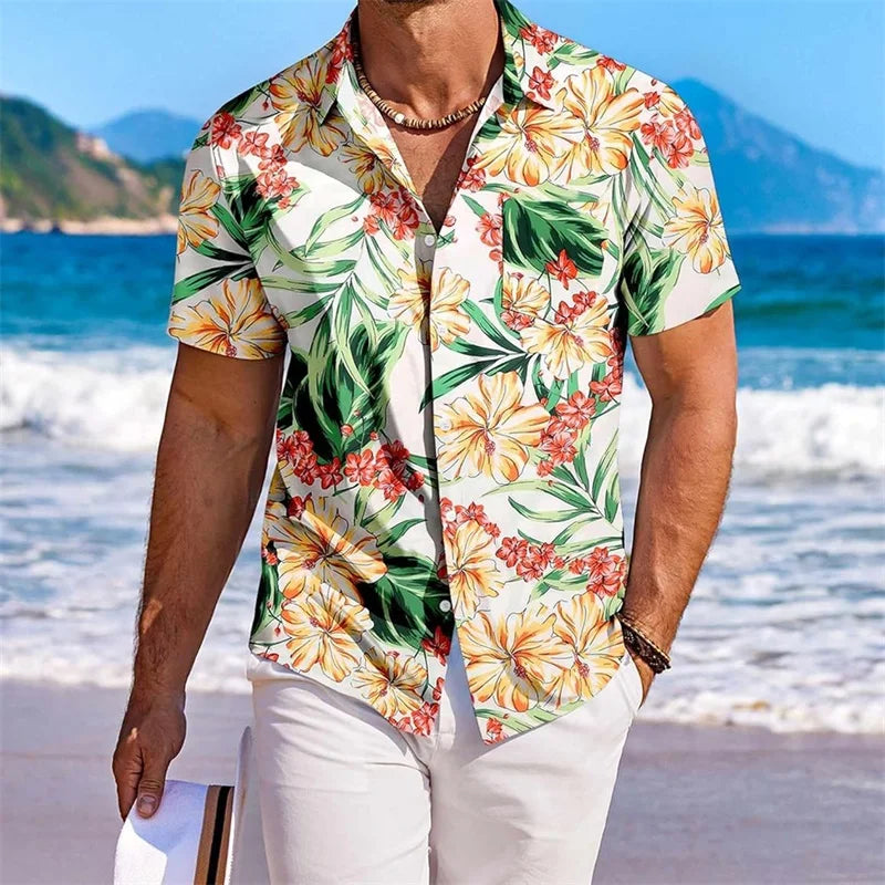 Men’s Floral Short Sleeve Button-Up Shirt – Casual Summer Top with Chest Pocket for Beach & Vacation Wear