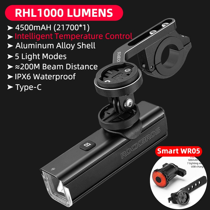 Illuminate Your Ride with ROCKBROS 1000LM Type-C Rechargeable Bicycle Front Light – Powerful LED, 4500mAh Battery, Waterproof Design