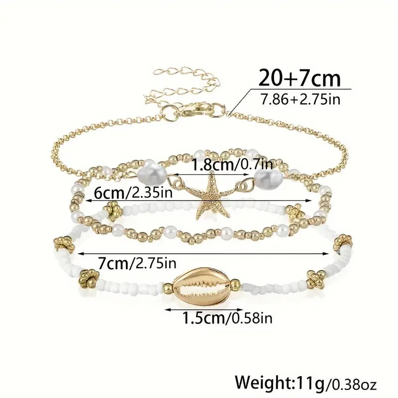 3-Piece Beach Anklet Set for Women – Vintage Gold Starfish & Shell Charms, Summer Boho Jewelry for Vacation & Daily Wear