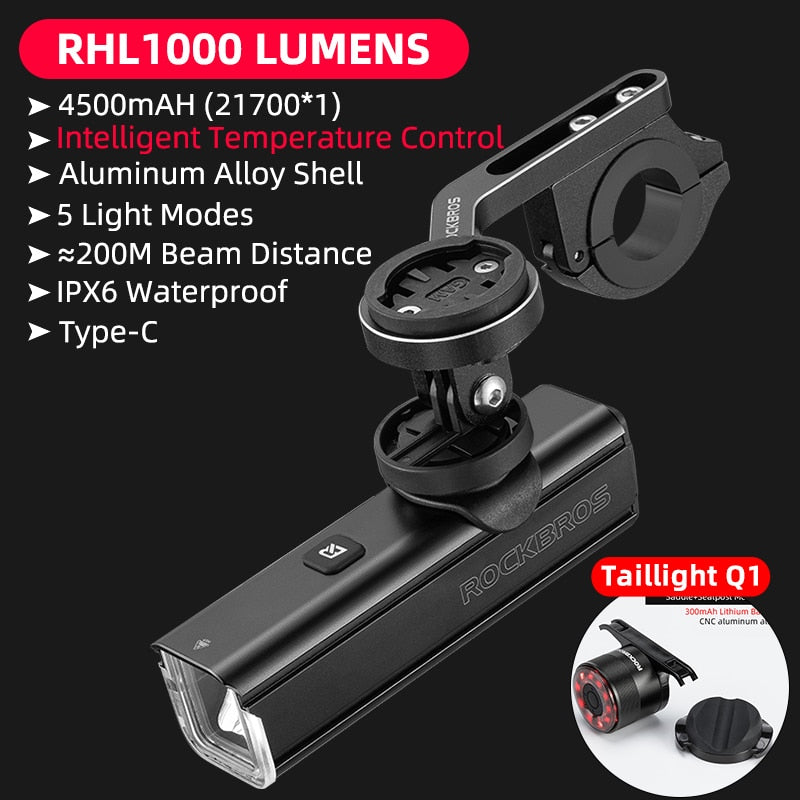 Illuminate Your Ride with ROCKBROS 1000LM Type-C Rechargeable Bicycle Front Light – Powerful LED, 4500mAh Battery, Waterproof Design