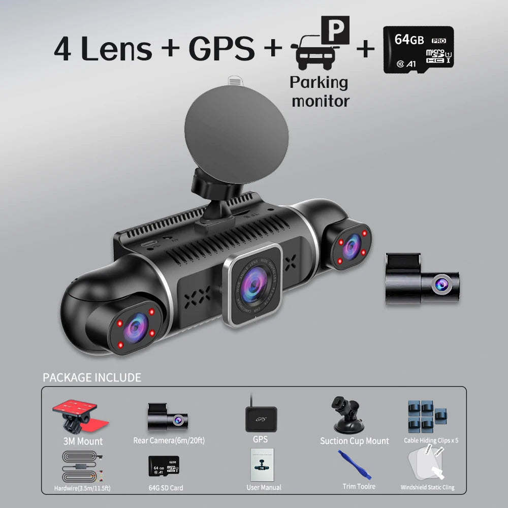 360° Protection on the Road: 4-Lens Dash Cam with WiFi, GPS & Free 64GB Storage