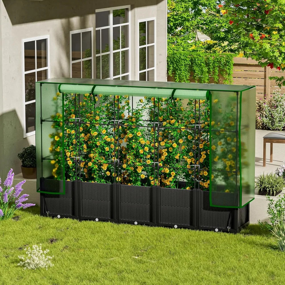 80" Raised Garden Bed with Greenhouse Cover & Trellis – Vertical Planter Box for Tomatoes & Climbing Plants