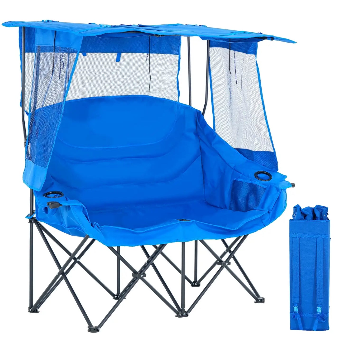 Oversized Double Camping Chair with Shade Canopy, 2 Person Folding Beach Chair with Cup Holder Carrying Bag, Heavy Duty Loveseat