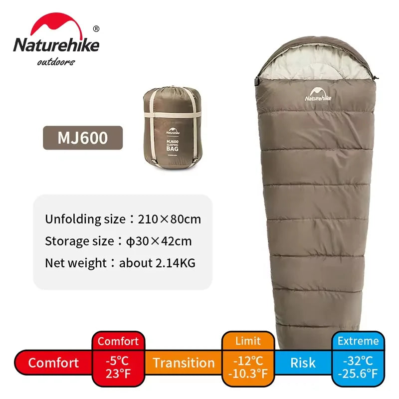 Naturehike Mummy Sleeping Bag – Lightweight MJ300 (-1℃) & MJ600 (-12℃) for Winter Camping, Outdoor Adventures, and Comfortable Sleep