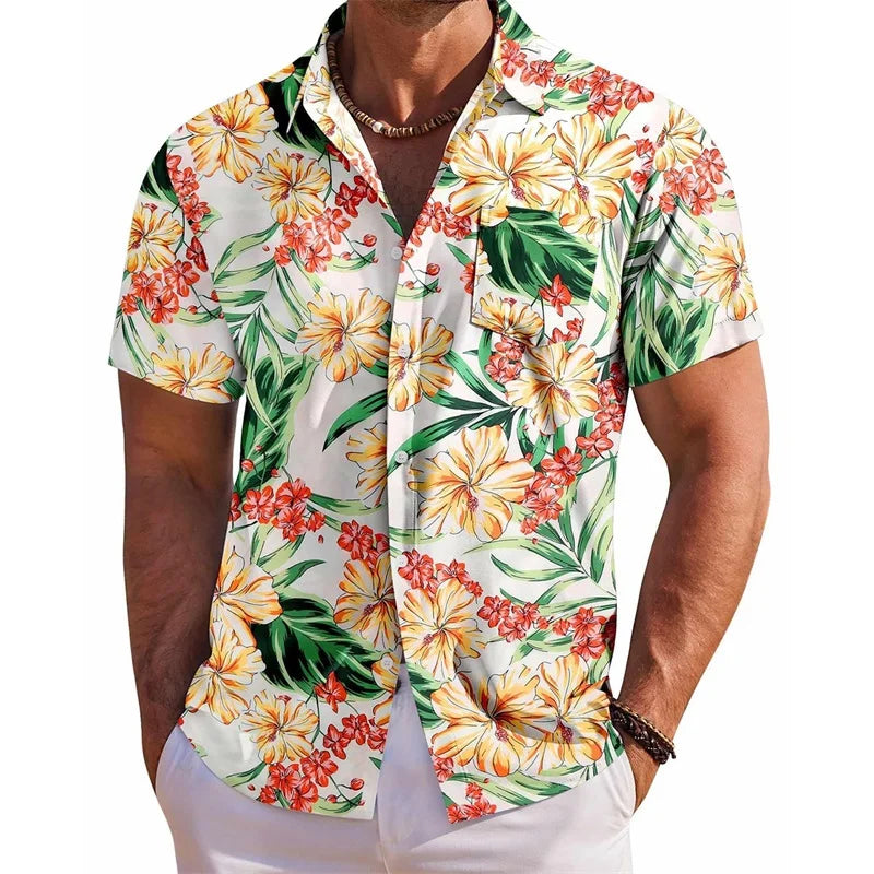 Men’s Floral Short Sleeve Button-Up Shirt – Casual Summer Top with Chest Pocket for Beach & Vacation Wear
