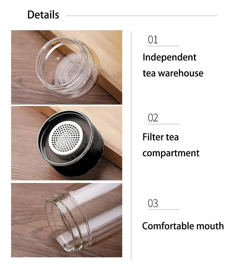 420ML Tea Infuser Water Bottle – Double Layer High Borosilicate Glass Tumbler with Stainless Steel Filter for Loose Leaf Tea & Fruit Infusions