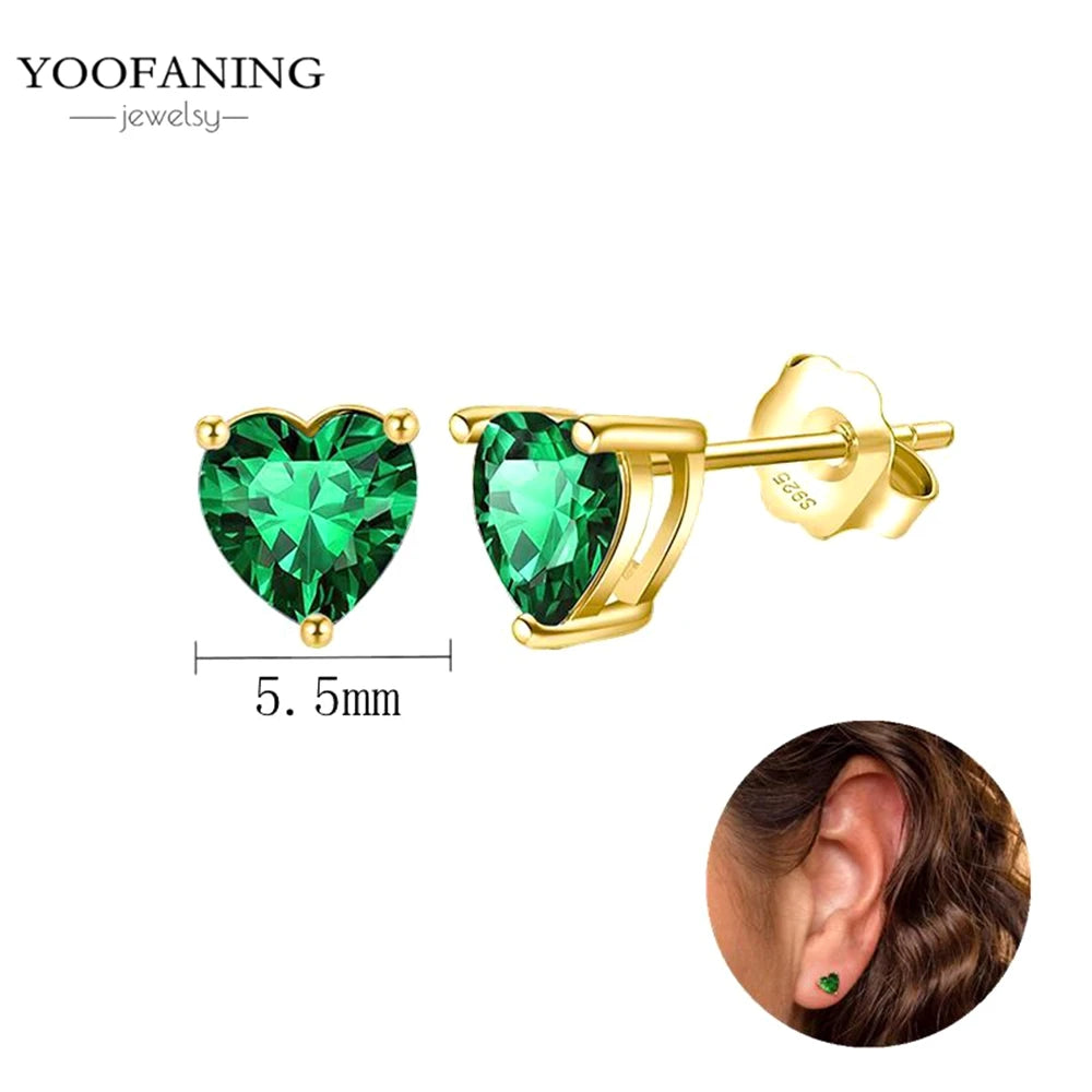 925 Sterling Silver Women's Earrings – Heart-Shaped Green Zircon Flower with Geometric Luxury Design