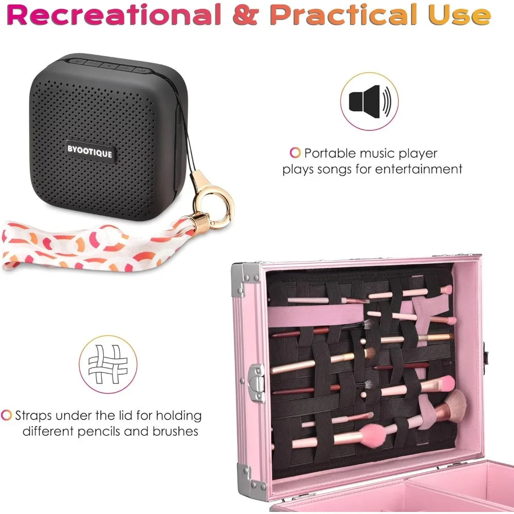 Foldable Rolling Manicure Table with Built-in Speaker: Nail Table and Makeup Train Case for Travel Storage and Organization