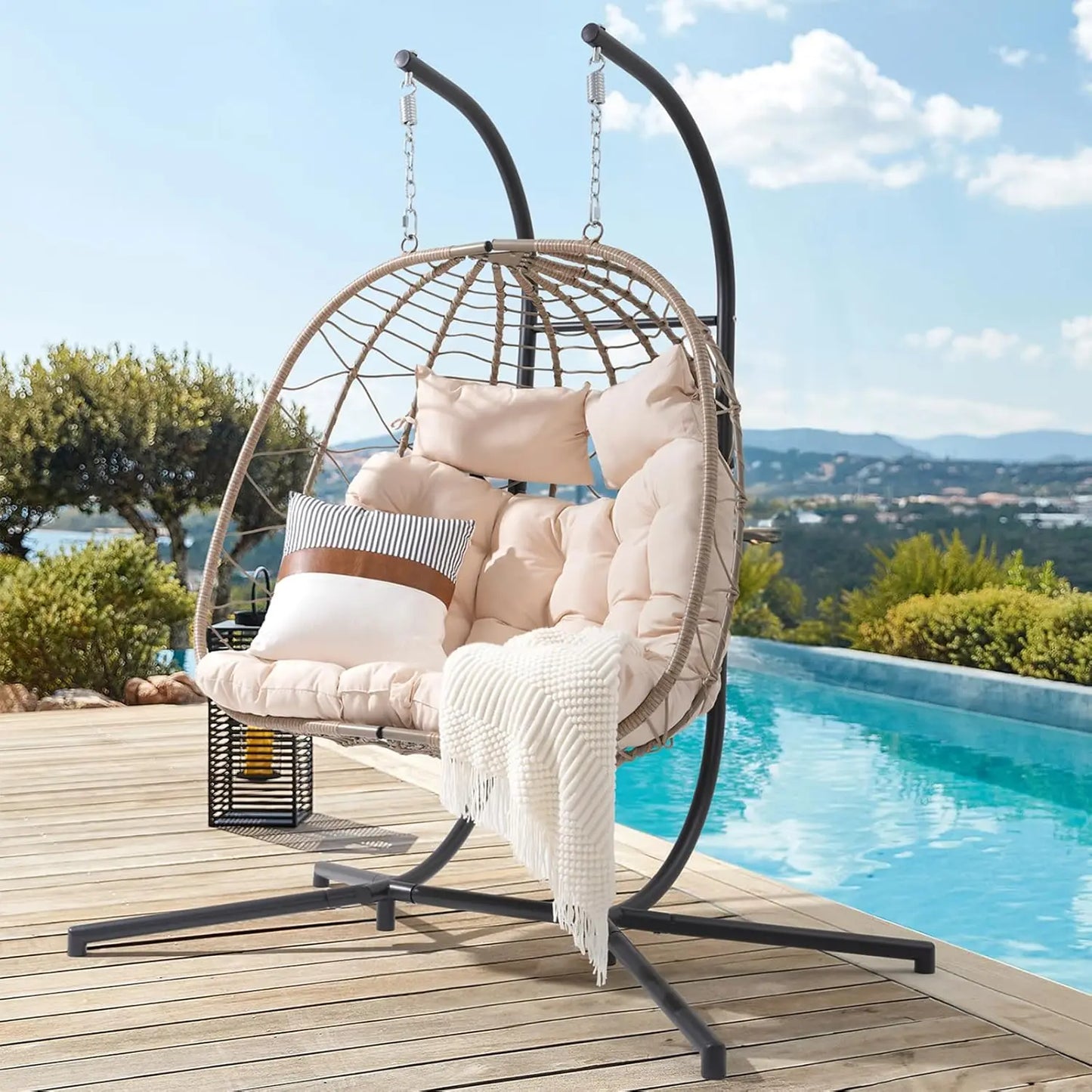 2-Person Double Egg Swing Chair with Stand – Patio Wicker Rattan Hanging Egg Chair with Cushion, Pillow, and Foldable Design, Perfect Hammock Chair for Outdoor Relaxation