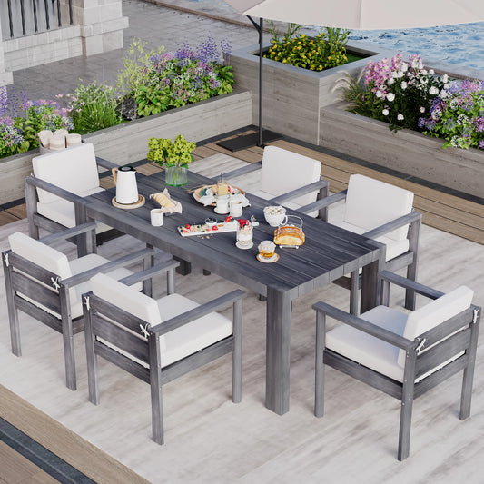 7-Piece Outdoor Dining Set – Solid Wood Patio Table with 6 Armchairs, 70.8” Rectangular Table for Garden or Backyard