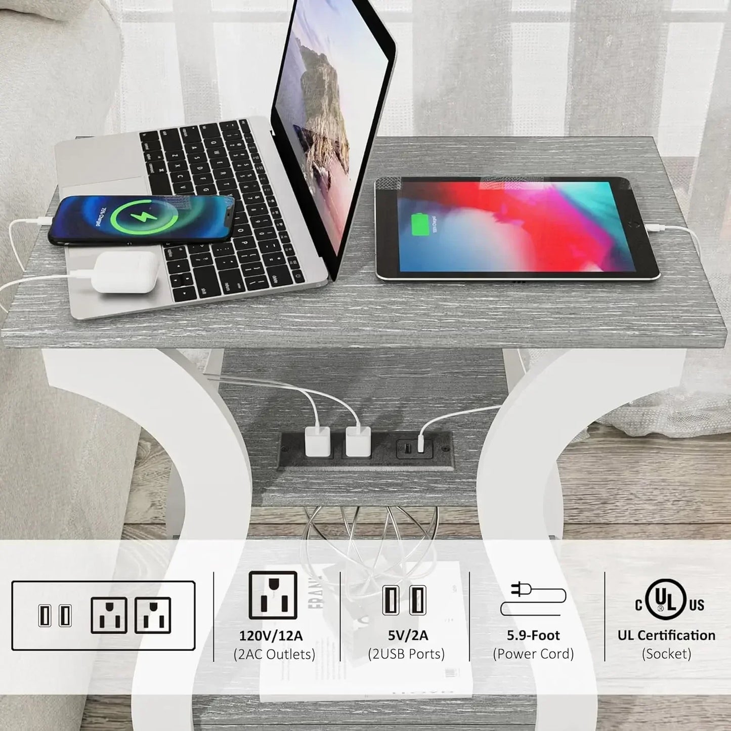 Set of 2 Modern End Tables with USB Ports & Outlets – 3-Tier Nightstands with Storage Shelves and Charging Station