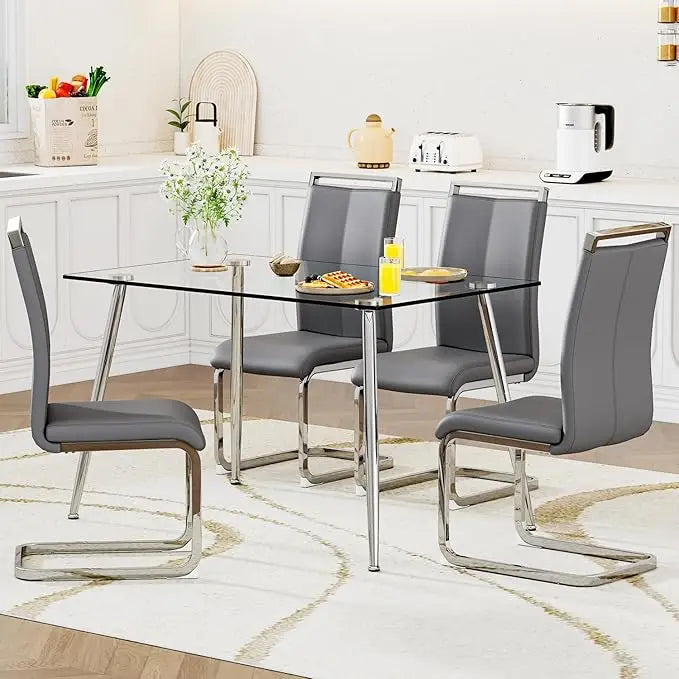 5-Piece Glass Dining Table Set for 4 – Modern Kitchen Dining Room Table with 4 Black PU Leather Chairs