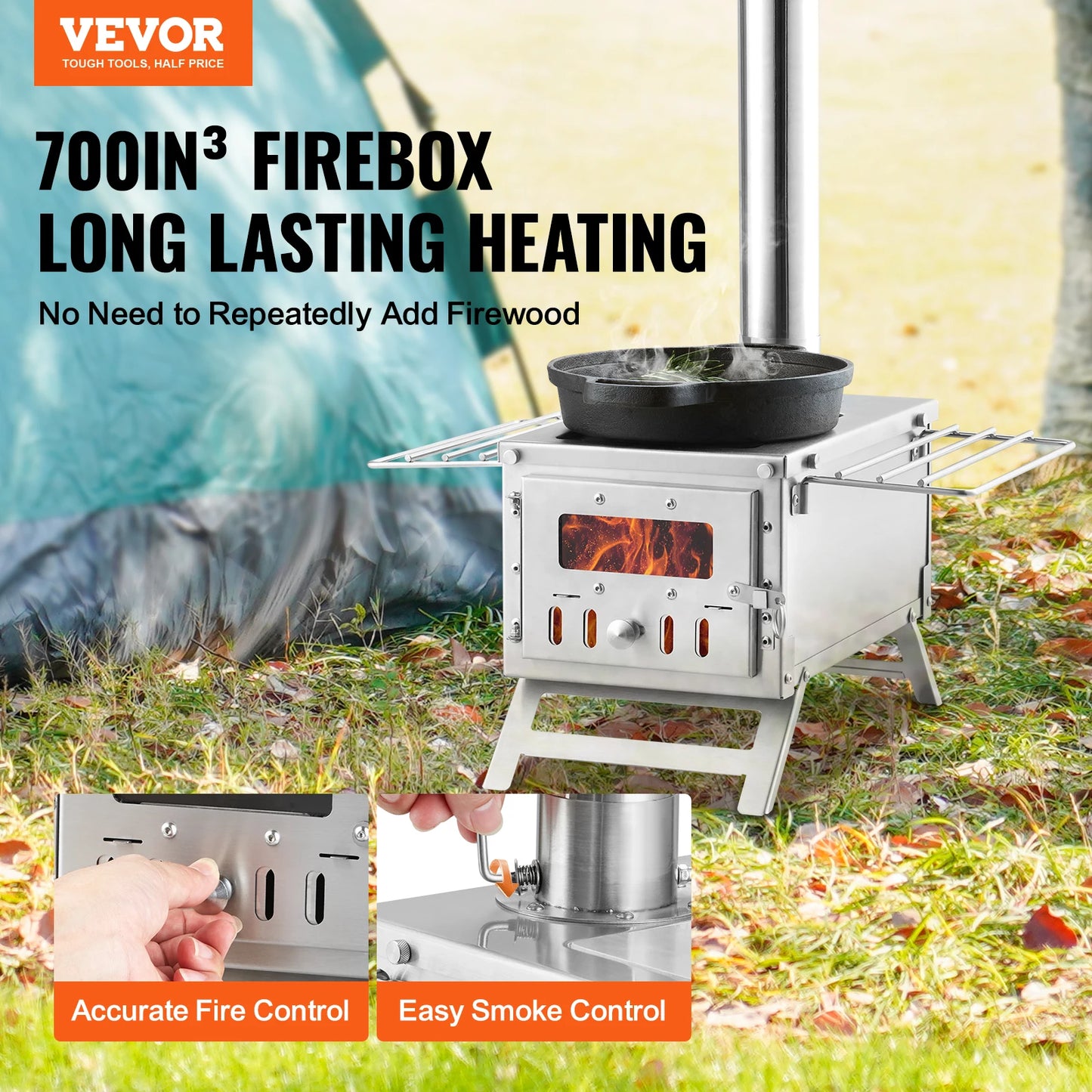 Portable Stainless Steel Wood Stove – Camping Tent Stove with Chimney Pipes, Gloves & 700in³ Firebox
