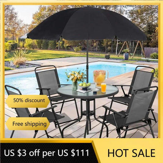 6-Piece Folding Patio Dining Set – Small Metal Outdoor Table and Chair Set with Umbrella for Lawn, Deck, and Backyard in Black