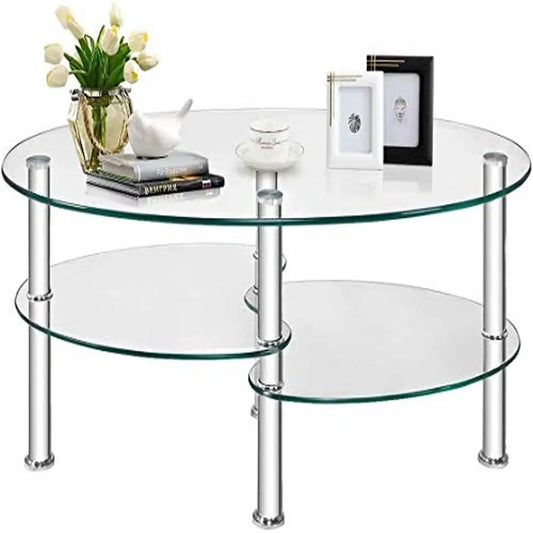 Tempered Glass Oval Coffee Table – 3-Tier Steel Frame with Open Storage Shelf, Modern Side Table for Home Décor