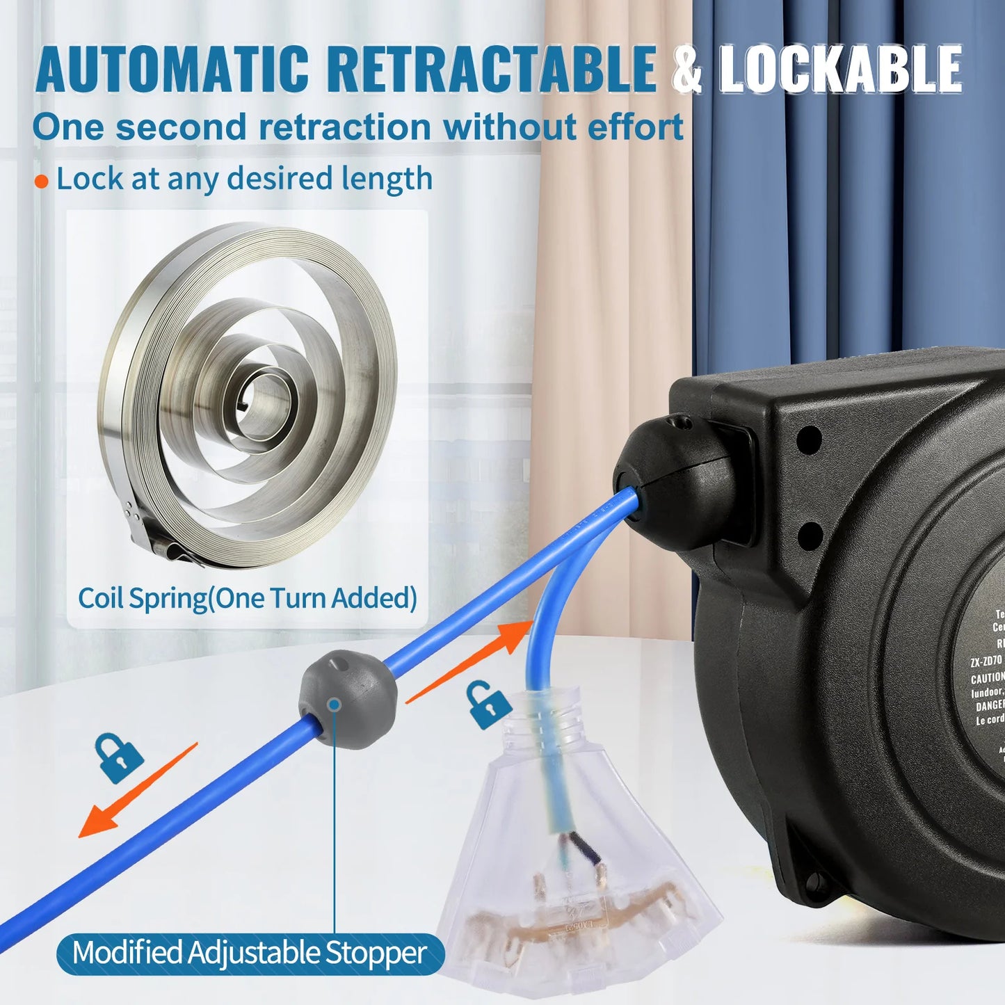 🔌 SucceBuy 30FT Retractable Extension Cord Reel
With Lighted Triple Tap Outlet | 10 Amp Circuit Breaker | 4.5FT Lead-In Cord