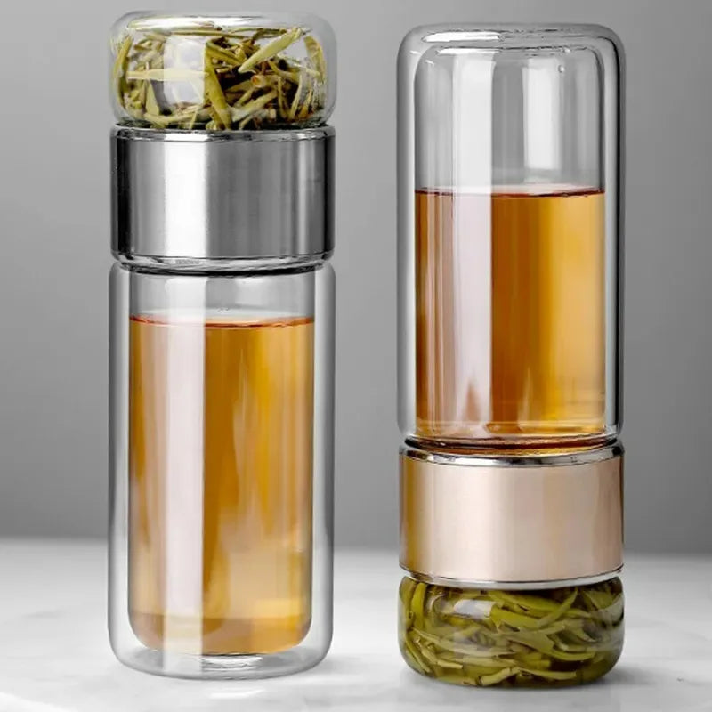 420ML Tea Infuser Water Bottle – Double Layer High Borosilicate Glass Tumbler with Stainless Steel Filter for Loose Leaf Tea & Fruit Infusions