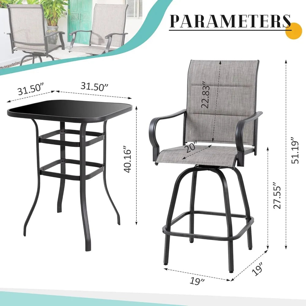 New 5-Piece Patio Swivel Bar Set – All-Weather Metal Textilene High Swivel Bar Stools (Set of 4) with Glass Bar Table