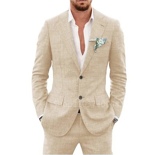 Modern 2-Piece Linen Suit for Men – Slim Fit Blazer & Pants Set for Weddings & Formal Events