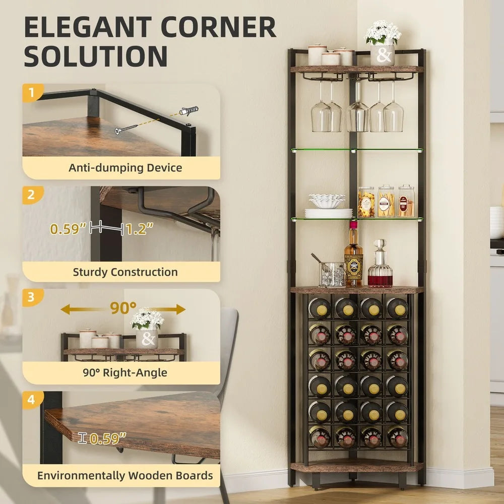 4-Tier Corner Wine Rack – Industrial Bar Cabinet with Glass Holder & Storage Shelves