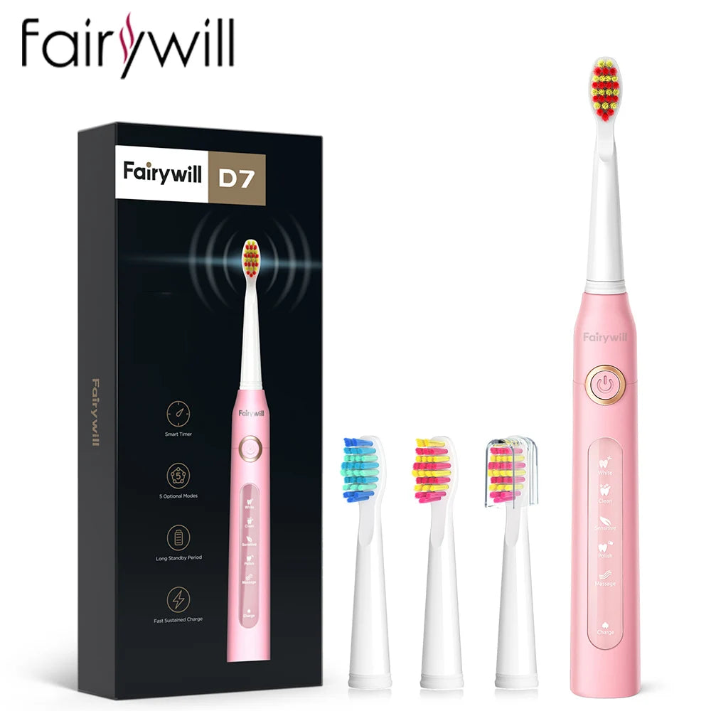 Fairywill FW-507 Sonic Electric Toothbrush: Ultra Sonic, 5 Modes, USB Charger, Waterproof IPX7 with 3 Brush Heads – Perfect Gift!