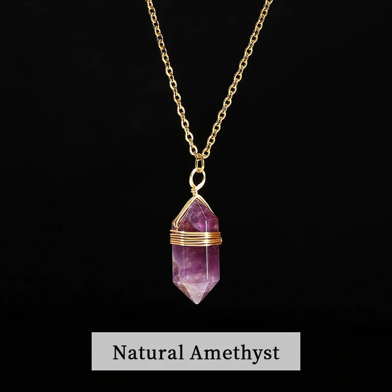 Natural Pink Hexagonal Quartz Crystal Pendant Necklace – Vintage Bullet Stone Jewelry for Women