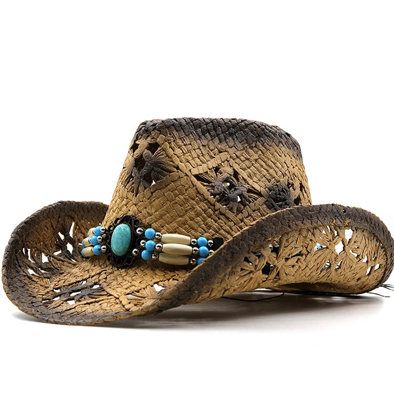 New Summer Khaki Paint-Sprayed Lafite Straw Cowboy Hat: Wide Brim Sun Protection Panama Beach Cap for Men and Women