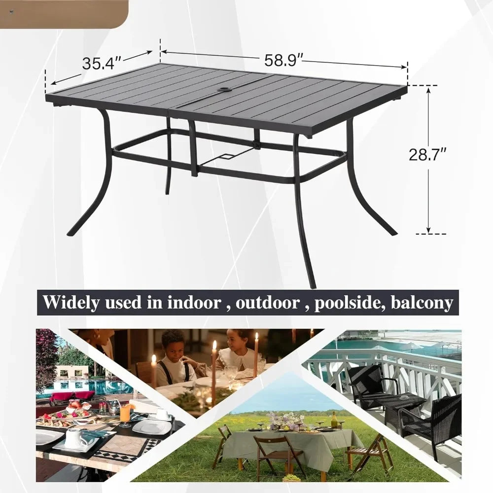 Rectangular Metal Outdoor Dining Table for 6 - Black Weather-Resistant Steel Slatted Patio Table