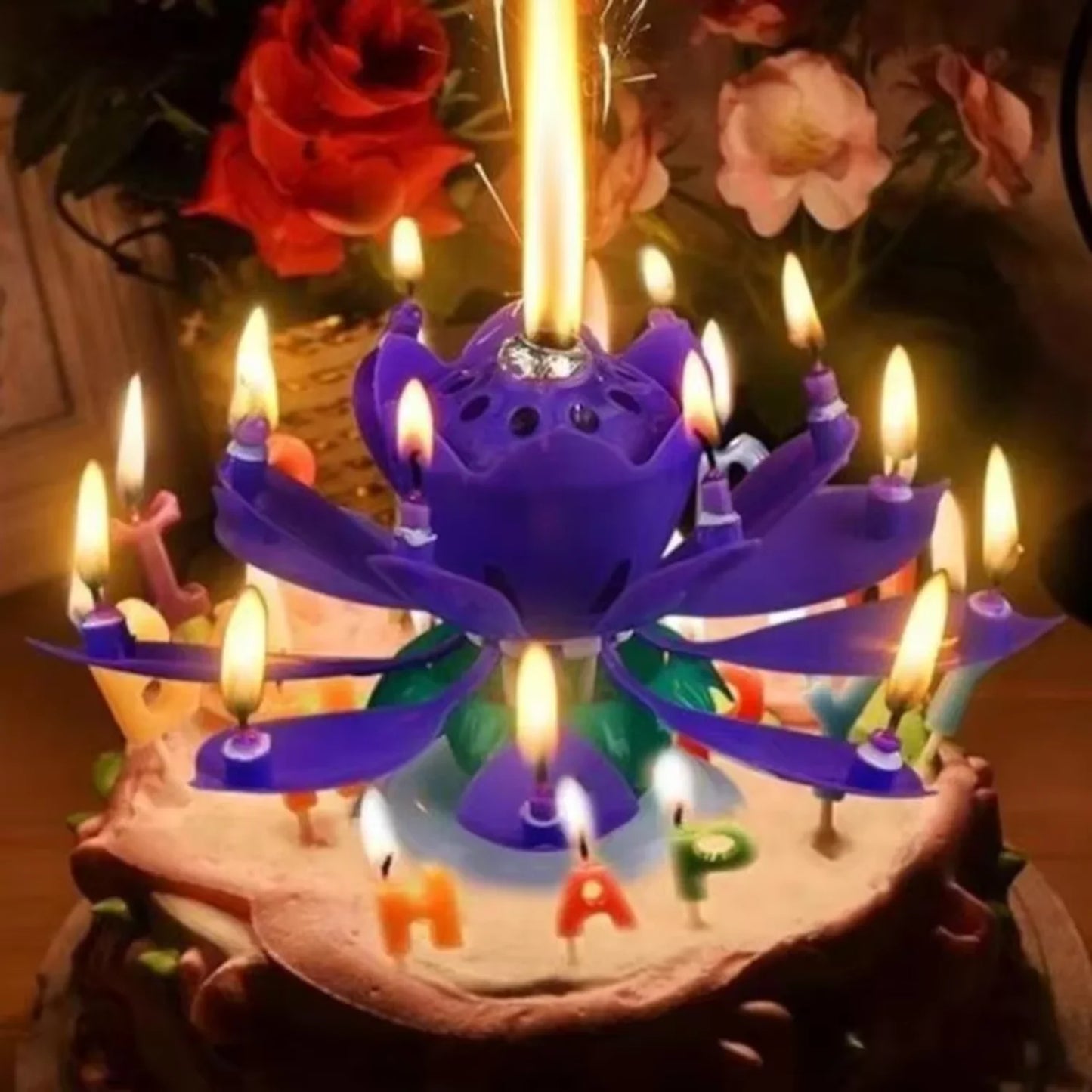 Rotating Lotus Music Candle – Artificial Blossom Candle for Birthday Cake Decoration with Flat Bottom Design