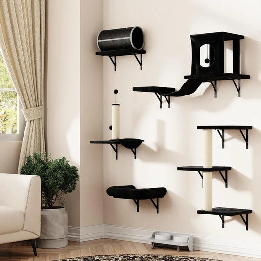 7-in-1 Wall-Mounted Cat Climber Furniture Set – Includes Cat House, Tunnel, Bridge, Hammock, Steps, Scratcher & Shelves
