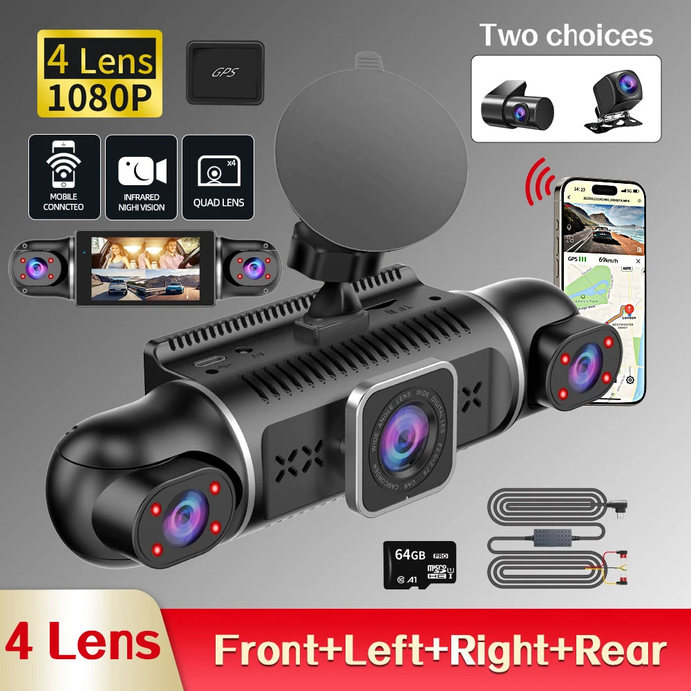 360° Protection on the Road: 4-Lens Dash Cam with WiFi, GPS & Free 64GB Storage