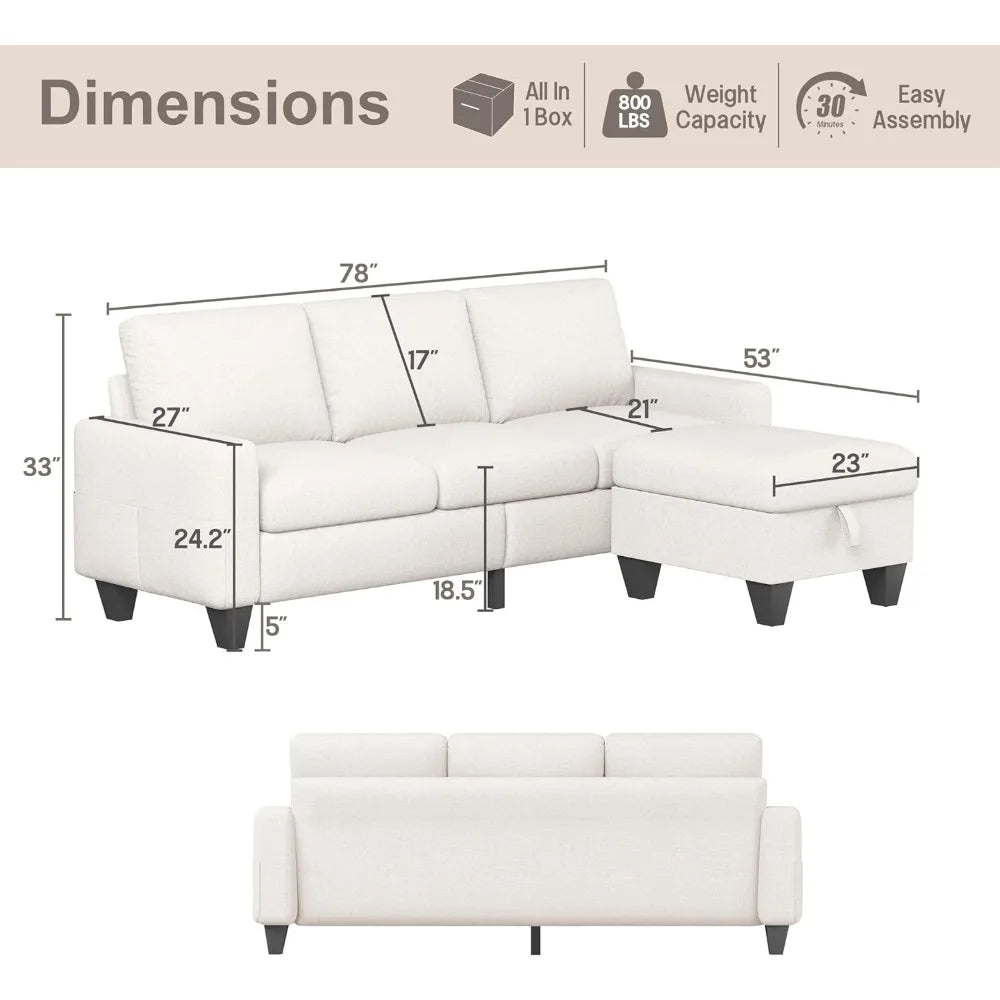 Modern Beige Linen 3-Seater L-Shaped Sofa with Reversible Footrest and Storage