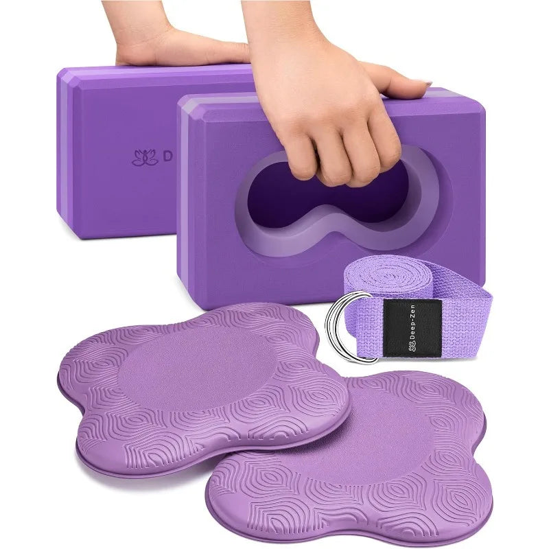 Supportive Yoga Block Set with Knee Pads & Strap – Reduce Wrist Strain, Enhance Every Pose