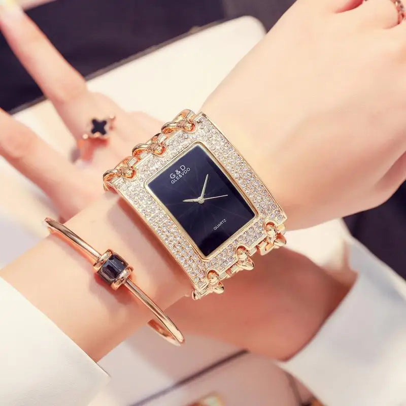 G&D Women's Fashion Bracelet Watch – Golden Quartz Wristwatch with Rhinestone Chains & Large Dial