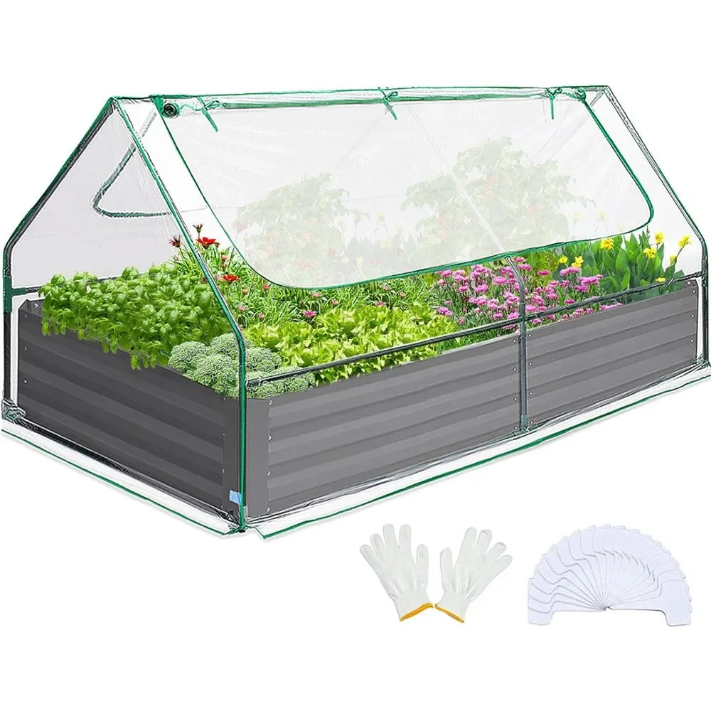 6x3x1ft Galvanized Raised Garden Bed with Cover – Metal Planter Box Kit Featuring 2 Large Screen Windows, Mini Greenhouse & 20 T Tags