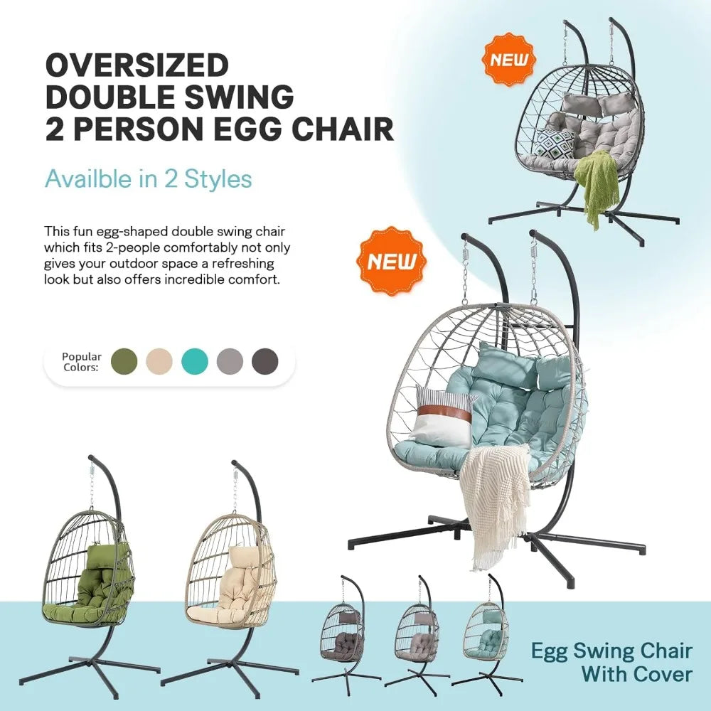 2-Person Double Egg Swing Chair with Stand – Patio Wicker Rattan Hanging Egg Chair with Cushion, Pillow, and Foldable Design, Perfect Hammock Chair for Outdoor Relaxation