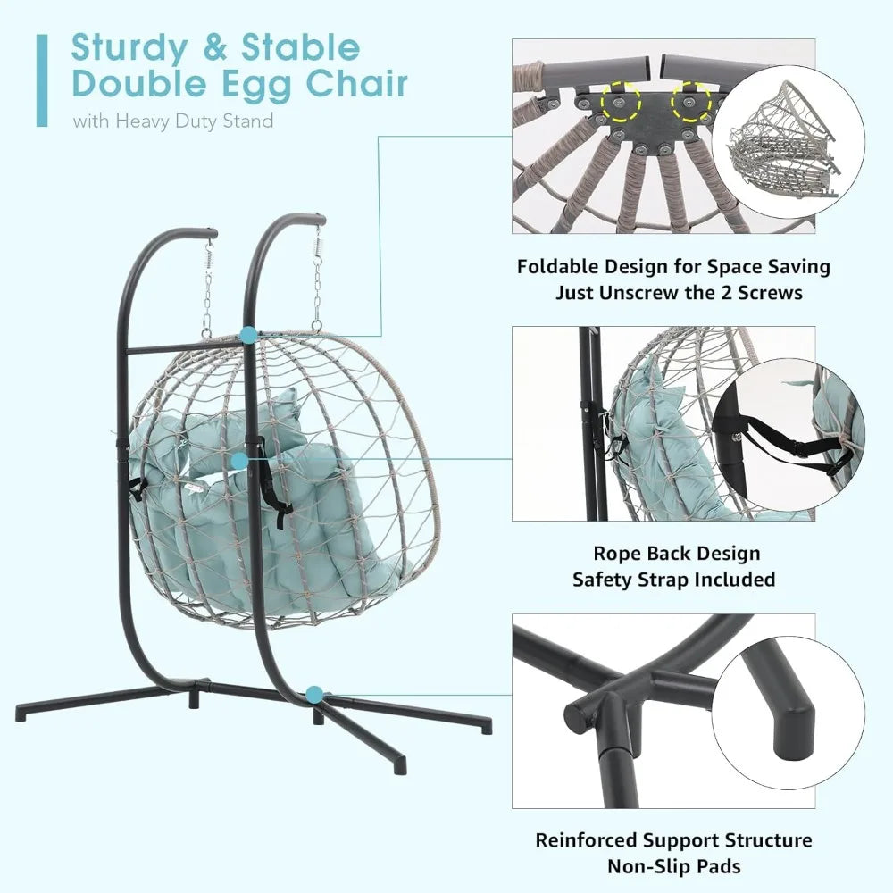 2-Person Double Egg Swing Chair with Stand – Patio Wicker Rattan Hanging Egg Chair with Cushion, Pillow, and Foldable Design, Perfect Hammock Chair for Outdoor Relaxation