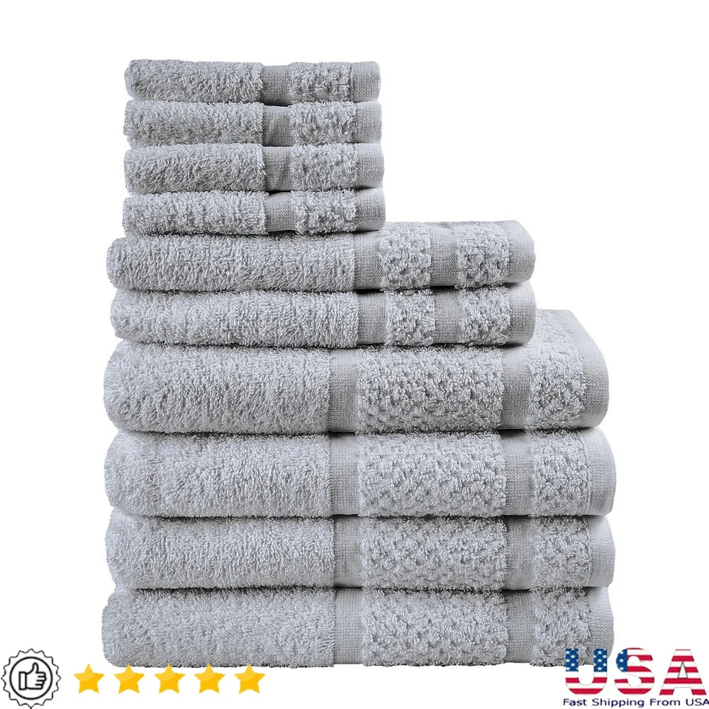 10-Piece Cotton Towel Set – Soft, Quick-Dry & Durable with Textured Border