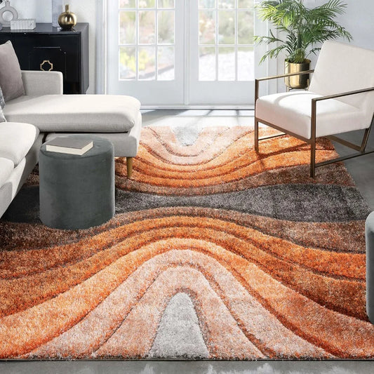 3D Textured Shag Area Rug – Thick Plush Geometric Hourglass Waves in Orange & Grey, Soft Modern Carpet