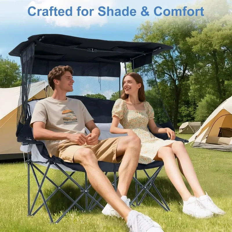 XXXL Double Camping Chair with Shade Canopy – Oversized 2-Person Folding Chair with Cup Holders, Heavy-Duty Outdoor Beach Seat + Carry Bag