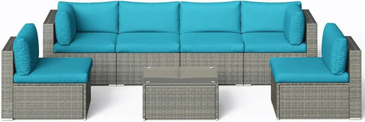 SUNVIVI OUTDOOR 7-Piece Patio Furniture Set – All-Weather Grey PE Wicker Sofa with Glass Table and Removable Blue Cushions